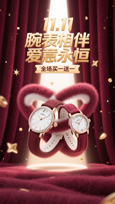 海报采用深邃的勃艮第酒红色背景，犹如天鹅绒幕布。画面中央，一道光束打下，聚焦于一对优雅交叉的男女款奢华腕表。表盘上的钻石与金属细节在光线下熠熠生辉，仿佛悬浮于璀璨星河之中。背景中若隐若现的金色光斑，如预览效果