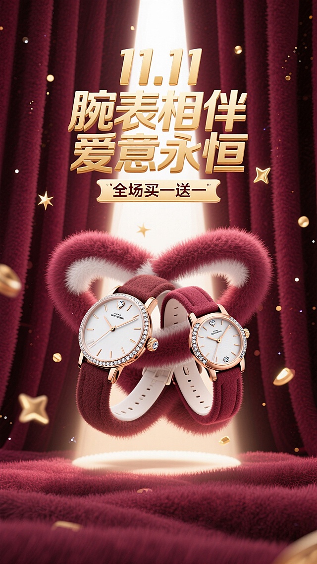 海报采用深邃的勃艮第酒红色背景，犹如天鹅绒幕布。画面中央，一道光束打下，聚焦于一对优雅交叉的男女款奢华腕表。表盘上的钻石与金属细节在光线下熠熠生辉，仿佛悬浮于璀璨星河之中。背景中若隐若现的金色光斑，如同繁星点点。
白色的“11.11”logo，巨大金色的主标题“腕表相伴 爱意永恒”，悬浮于手表上方，与副标题“全场买一送一”形成大小和字重的对比，整体感觉高端、浪漫且充满仪式感。