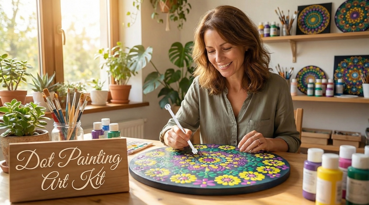 以图中的花卉点画工具套装为元素,欧美女人使用花卉点画工具套装在画画,设计6张跟花卉点画工具套装有关的图,物体主体特征不变，英语,比例 「16:9」预览效果