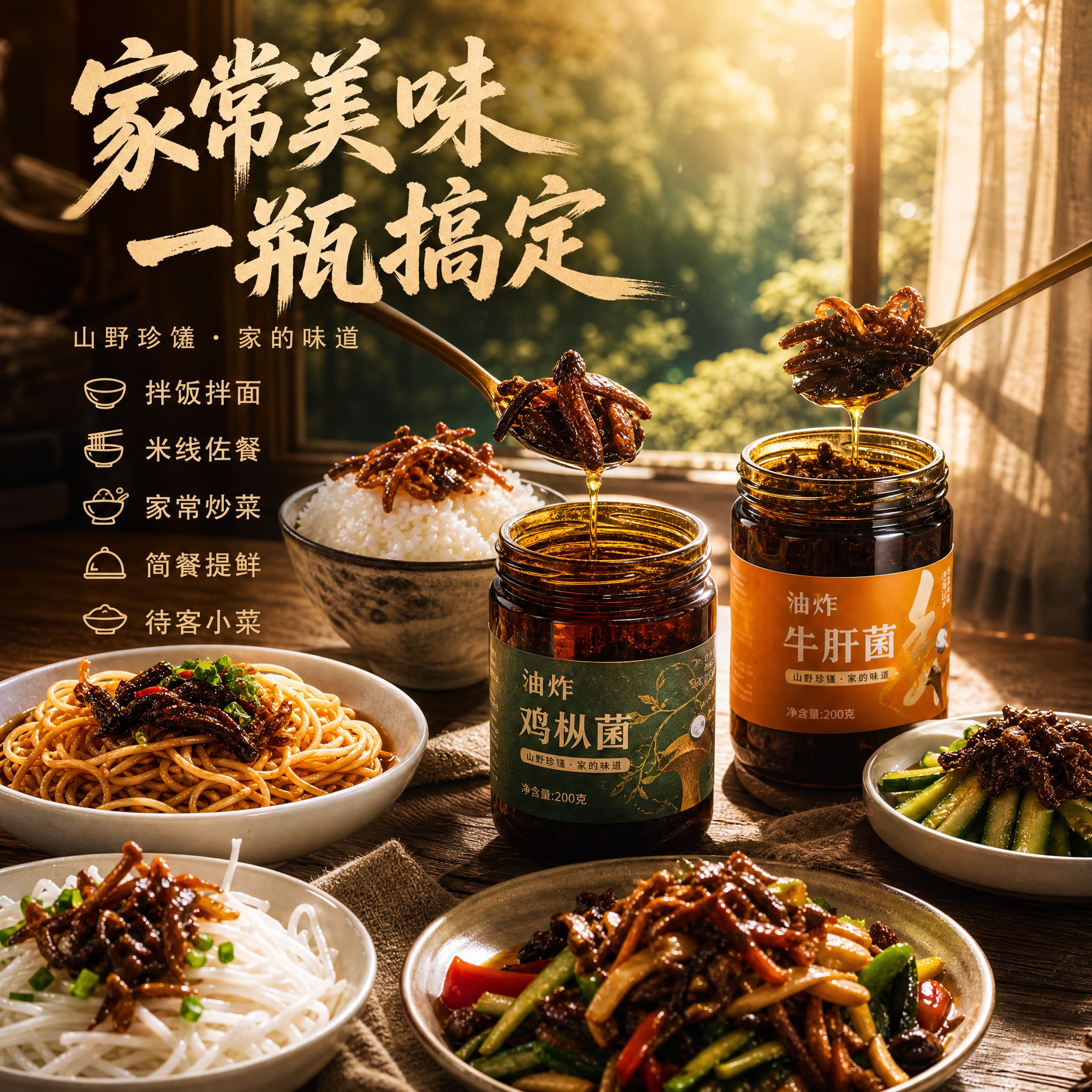 [主图-5] 食用场景与多用途展示 拌饭拌面家常炒菜等佐餐场景… - 图片创意预览