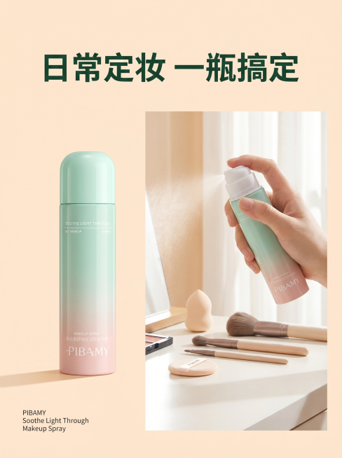 [详情图2] 定妆喷雾使用场景展示详情图。[氛围风格] 日常氛围感美妆场景，自然真实。[画质] 高清商业摄影质感，自然通透。[元素] 定妆喷雾产品放置在画面左侧，右侧展示女生化妆台日常使用定妆喷雾的场预览效果
