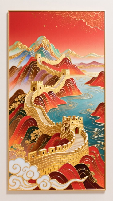 国庆主题，正红色渐变背景（鎏金暗纹点缀），非遗掐丝珐琅工艺打造的蜿蜒长城（城垛清晰，鎏金掐丝勾勒轮廓，珐琅釉色饱满），珐琅工艺绘制的壮丽山河（山峦层叠，珐琅釉色含绯红、金棕、赭石色过渡，江河泛鎏金波光预览效果