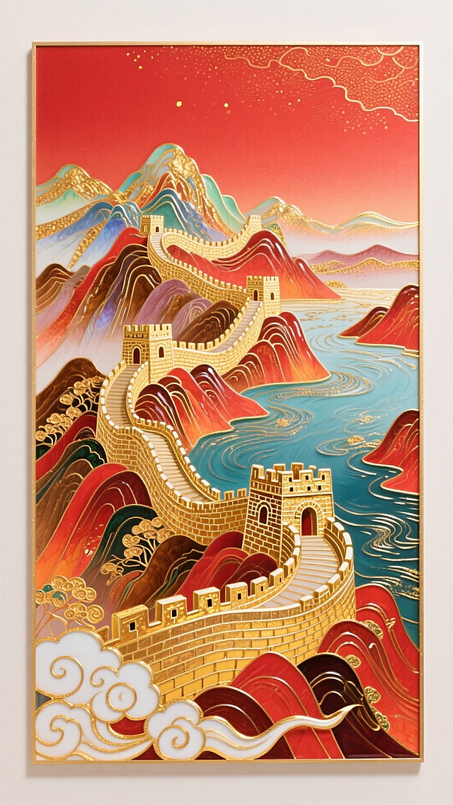 国庆主题，正红色渐变背景（鎏金暗纹点缀），非遗掐丝珐琅工艺打造的蜿蜒长城（城垛清晰，鎏金掐丝勾勒轮廓，珐琅釉色饱满），珐琅工艺绘制的壮丽山河（山峦层叠，珐琅釉色含绯红、金棕、赭石色过渡，江河泛鎏金波光），前景缀珐琅祥云纹样，整体庄重喜庆
