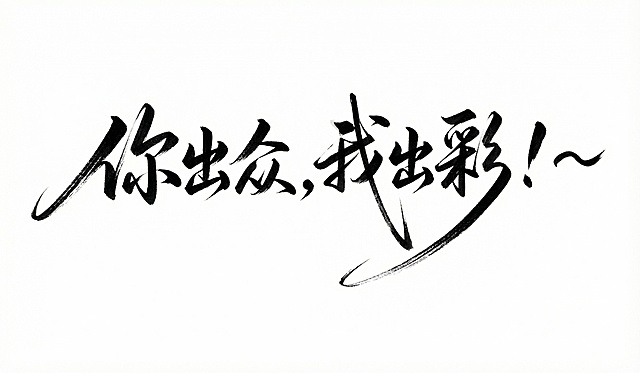 参考图中书法字体笔划风格，设计文字「你出众，我出彩！~」，线条粗细长短夸张，连笔，钢笔质感，黑白配色，纯白背景