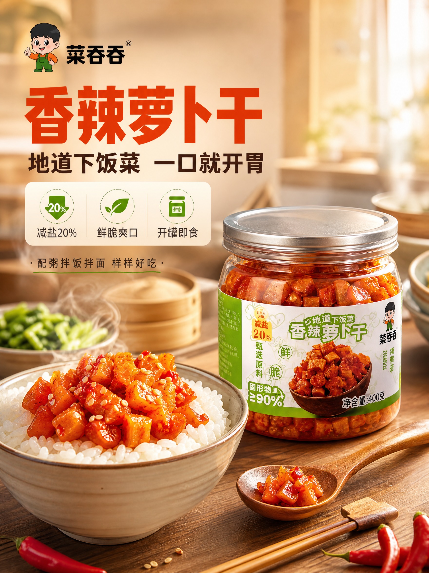 [商品] 使用【图1】菜吞吞香辣萝卜干透明玻璃罐装；保留罐身绿… - 图片创意预览
