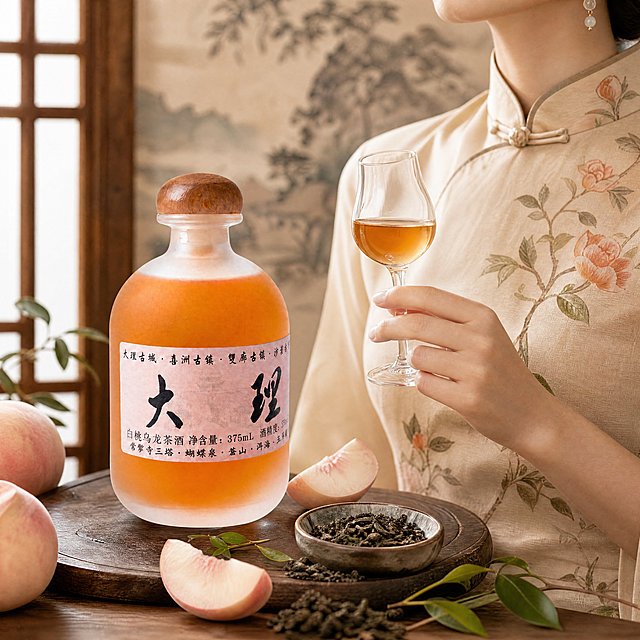 商业电商主图，1:1尺寸；精修好的白桃乌龙茶酒酒瓶放置在画面左侧，画面右侧是复古旗袍女生，不露脸，女生手端着装有酒的果酒杯，用新鲜白桃切片与乌龙茶干茶叶做点缀，背景为新中式风格，整体氛围高级清新有质感；保持酒瓶字体清晰可见，酒杯中盛有酒