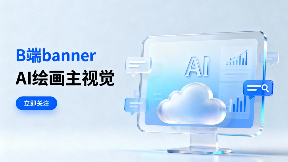 B端轻量毛玻璃风格设计，画面左侧为蓝色文字“B端banner”和黑色文字“AI绘画主视觉”，下方有一个蓝色按钮，按钮上方文字为“立即关注”。画面右侧主体：正中间有半透明磨砂质感的云，云上方有AI字体，预览效果
