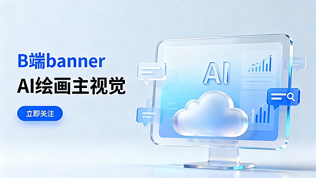 科技感十足的3D玻璃风设计，轻拟物风格呈现AI云服务主视觉，清透蓝调搭配未来感界面，契合B端智能技术主题。