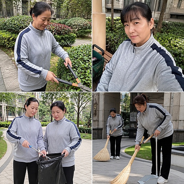一张包含4张买家秀照片的拼图，背景为真实居民小区环境，模特身份是小区物业保洁员，穿着与参考图完全一致的灰色立领拉链外套（袖子外侧有藏青色拼接条、前中拉链、两侧斜插口袋、罗纹袖口下摆，领子袖口扣子拉链细节完全一致），手机实拍质感，展示衣服面料细节和真实质感，动作光影细节真实，像是随手拍的生活照，展示保洁员工作状态。其中2张单人照、2张群体照，模特人脸颜值普通自然。动作包括修剪绿化、打扫卫生、休息自拍等不同工作和休息场景。整体像素清晰，光影自然。完美双手，五根手指，骨骼结构正常，标准人体比例，五官自然，真实人脸，面部细节自然，正确手部结构。禁止畸形手指、多指少指、手指扭曲、手部变形、脸部扭曲、五官错乱、歪脸、模糊脸、面部崩坏、肢体畸形、比例失调。采样步数30步，高清强度+0.4，降噪强度0.3。