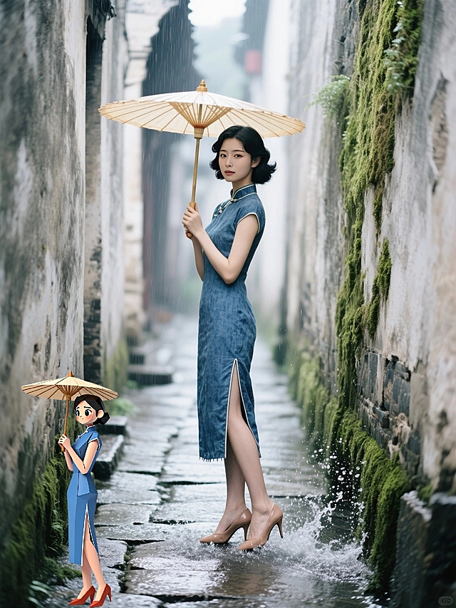 蓝布旗袍少女的折纸Q版穿搭