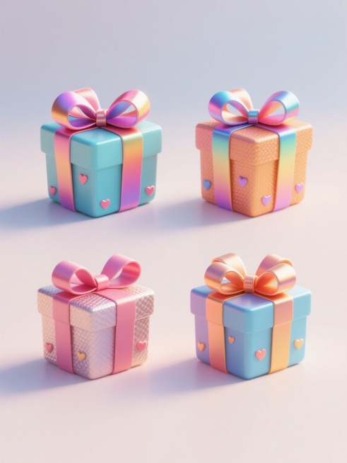 4个不同配色、不同样式、不同材质的3D立体礼物盒造型，每个礼物盒都有大而饱满的缎带蝴蝶结，带有丰富的渐变色彩和光泽感，表面有细腻的纹理，周围点缀着小巧的心形装饰，整体呈现明亮欢快的双11促销氛围，上下两行对齐排列在浅色背景上，画面简洁干净，具有现代感的设计风格，光影效果柔和，立体感强，视觉层次分明。预览效果