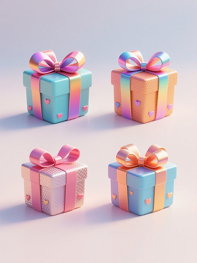 4个不同配色、不同样式、不同材质的3D立体礼物盒造型，每个礼物盒都有大而饱满的缎带蝴蝶结，带有丰富的渐变色彩和光泽感，表面有细腻的纹理，周围点缀着小巧的心形装饰，整体呈现明亮欢快的双11促销氛围，上下两行对齐排列在浅色背景上，画面简洁干净，具有现代感的设计风格，光影效果柔和，立体感强，视觉层次分明。