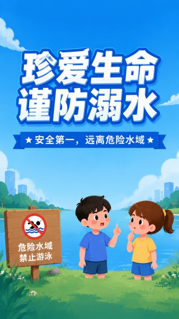 基于原图生成简洁版本的防溺水安全宣传海报，保留蓝色主色调、卡通风格和核心标题"珍爱生命 谨防溺水"，简化内容，移除详细的分区块说明文字和多余装饰元素，只保留核心标题和警示标语，画面更加简洁干净，重点突预览效果