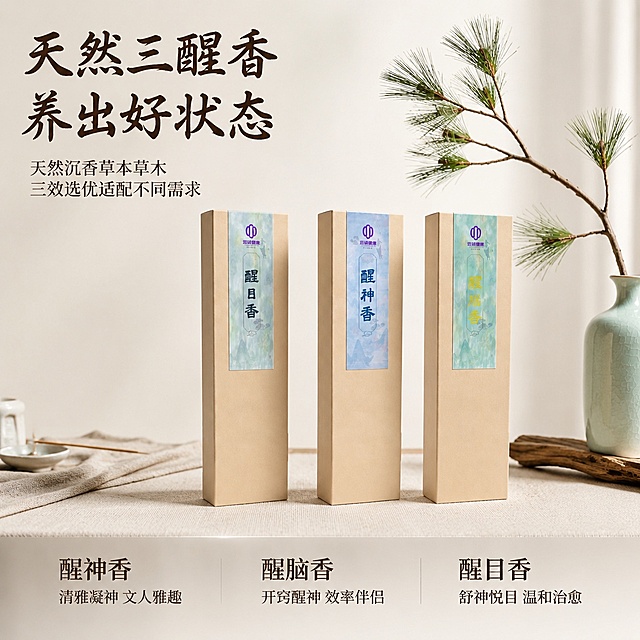 [主图-1] 三款养生香礼盒全景首图。[氛围风格] 东方新中式静谧高品质氛围感，简约高级。[画质] 商业摄影质感、光线柔和通透、产品清晰真实、画面干净高级。[元素] 三款香礼盒（醒目香/醒神香/醒脑香）并排居中展示，产品原包装米色盒身搭配渐变山水标签，保持产品外观（物理结构、材质质感、颜色）与输入产品图绝对一致，杜绝任何变形和色差，精细化处理。背景为简约米白色禅意茶桌，搭配浅青瓷瓶插一枝松枝，素色棉麻茶巾点缀，营造静谧文人茶室氛围。商品主体占比严格控制在65%左右，画面满屏无边框。[光影] 左侧柔光作为主光，勾勒产品轮廓，右侧柔和反射光填充阴影，桌面浅影自然通透，整体光线明亮干净，无硬阴影。[配色] 主色调米白浅棕，辅助色浅绿浅蓝，呼应产品包装配色，整体清新雅致。[视角构图] 平视45度斜拍，三款产品一字排开，构图稳定对称，景深适中。[文字版式] 左上负空间左对齐留安全边距，大字主文案「天然三醒香 养出好状态」，深棕色最大号粗体书法字体；下方小字副文案「天然沉香草本草木 三效选优适配不同需求」，深棕色约半高。底部通栏半透明渐变蒙层均分三列，列内上短句下说明左对齐：列一「醒神香
清雅凝神 文人雅趣」列二「醒脑香
开窍醒神 效率伴侣」列三「醒目香
舒神悦目 温和治愈」，文字清晰对比明显。[比例分辨率] 1:1 比例，2048*2048分辨率，文字清晰锐利，超高清。[负向提示词] 变形，文字错乱，产品图模糊，背景杂乱，水印，电商平台Logo