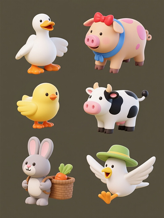一套6个完全不同造型的农场元素系列素材集合，保持与原图一致的3D立体风格，每个元素均采用圆润流畅的造型、简洁明快的色彩过渡和柔和的高光阴影表现，以纯色背景呈现，整体规整排布。包含以下元素：1. 一只正向左侧站立、黄色扁嘴微张、橙色脚蹼的白色鸭子；2. 一头戴着红色小蝴蝶结、粉色耳朵耷拉、四肢粗壮的浅棕色小猪；3. 一只脖子上系着蓝色围巾、橙色喙部闭合、翅膀收拢的黄色小鸡；4. 一头黑白相间花纹、头部有粉色斑点、尾巴卷曲的奶牛；5. 一只背着棕色小筐、长耳朵竖起、前爪捧着胡萝卜的灰色兔子；6. 一只戴着绿色草帽、黄色嘴巴张开、翅膀展开作飞翔状的白色鸽子。所有元素风格统一，细节丰富，适合作为农场主题的系列装饰素材。