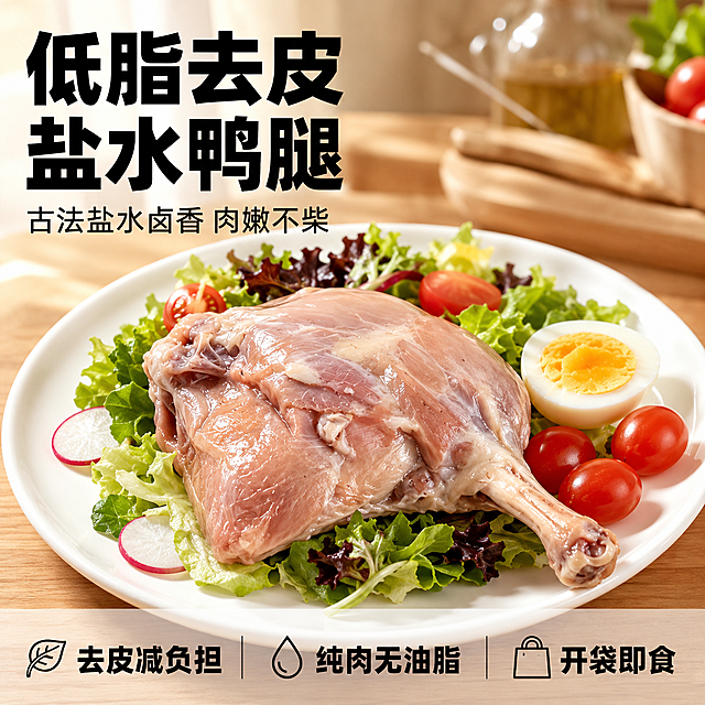 [主图-1] 低脂去皮盐水鸭腿首图点击率爆款，食欲诱惑风格。
[氛围风格] 真实美食摄影，突出食欲感和新鲜度，暖调温馨厨房场景。
[画质] 商业摄影质感，光线柔和通透，产品清晰真实，画面干净高级，超高清。
[元素] 无皮盐水鸭腿放置在白色陶瓷餐盘中央，周围搭配新鲜蔬菜沙拉和水煮蛋，呈现轻食代餐场景。保持鸭腿产品外观物理结构、材质质感、颜色与输入产品图绝对一致，杜绝任何变形和色差，精细化处理。商品主体占比严格控制在60%-80%之间，画面满屏无边框。
[光影] 自然暖阳逆光从侧后方打来，突出鸭腿肉嫩多汁的纹理，通透不灰蒙，高光不溢，暗部有层次，营造诱人食欲氛围。
[配色] 主色调为食物本身的肉粉色，搭配蔬菜绿色和餐盘白色，背景为暖木色，整体干净清新。
[视角构图] 平视角度，鸭腿为视觉中心，景深中等，轮廓完整不裁切。
[文字版式] 左上负空间左对齐留安全边距，大字文案"低脂去皮盐水鸭腿"，黑色最大号粗体无衬线；下方辅助短句"古法盐水卤香 肉嫩不柴"，字号缩小一半。底部通栏半透明渐变蒙层，三列排列卖点：列一「去皮减负担」列二「纯肉无油脂」列三「开袋即食」，文字清晰对比强，符合拼多多大字直白风格。
[比例分辨率] 1:1比例，2048x2048，2k分辨率，文字清晰可辨。
[负向提示词] 变形，水印，文字错乱，产品图模糊，背景杂乱，遮挡产品主体。