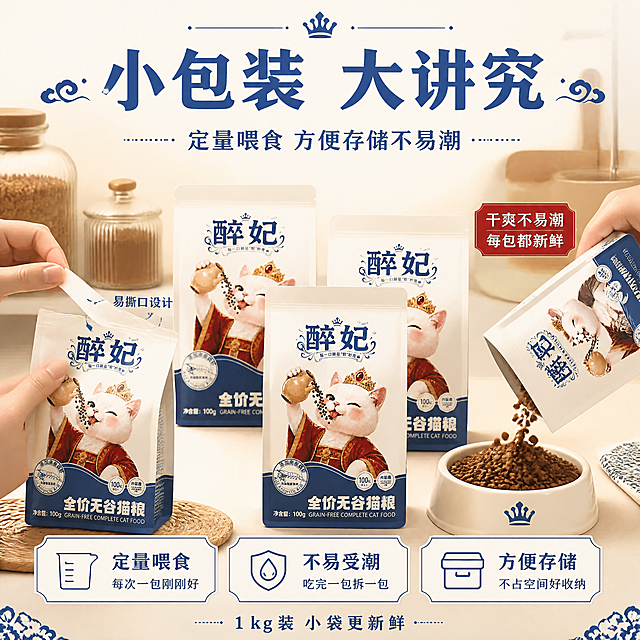 [第8张] 小包装优势页 - 定量喂食防潮易存。本张使用【图1】作为商品主体。
[氛围/风格] 实用功能展示，生活化场景，清晰直观，国潮细节点缀。
[元素布局] 画面中央展示多袋小包装猫粮堆叠排列，3-4袋错落摆放，占比约50%；左侧一只手正在撕开一袋小包装的撕口特写；右侧为猫粮倒入猫碗的动作瞬间；背景为厨房台面场景，有密封罐、猫碗等；突出小包装的便携和防潮优势。
[光影质感] 暖光厨房照明，包装清晰，动作自然有生活感。
[配色色系] 全局底色 #FFF8EE 暖米白；主色 #1A4B8C 宝蓝；辅助色 #C8102E 朱红标签。
[视角构图] 45度俯视台面，产品堆叠为中心，左右动作展示，阅读动线上标题 → 中部产品+动作 → 底部卖点。
[文字版式] 顶部大标题「小包装 大讲究」，宝蓝粗体大字；副标题「定量喂食 方便存储不易潮」；三个卖点图标横排：1.「定量喂食」每次一包刚刚好 配量杯图标；2.「不易受潮」吃完一包拆一包 配盾牌图标；3.「方便存储」不占空间好收纳 配收纳盒图标；底部小字「1kg装 小袋更新鲜」。
[比例分辨率] 9:16 竖版比例，4K分辨率，文字清晰可辨。
[负向提示词] 包装变形，动作僵硬，文字模糊，水印。