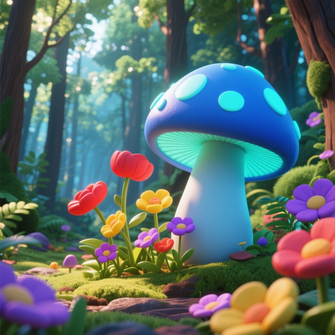 一个蓝色的蘑菇，蘑菇表面微微发出柔和的蓝绿色光芒，蘑菇旁边生长着几朵五彩斑斓的花朵，有红色、黄色、紫色等，背景是茂密的森林，树木高大，枝叶繁茂，光线透过树叶形成斑驳的光影，整体呈现出3D立体效果，细节预览效果