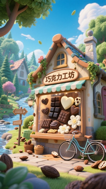 画面以晴空、森林与溪流交织的梦幻村落为背景，中央是一家 “巧克力工坊”，仰视镜头，橱窗里迸发出多款不同形态（黑巧砖块、牛奶巧心形、白巧花朵）的巧克力，搭配散落的可可豆。工坊外停着自行车、立着指示牌。预览效果