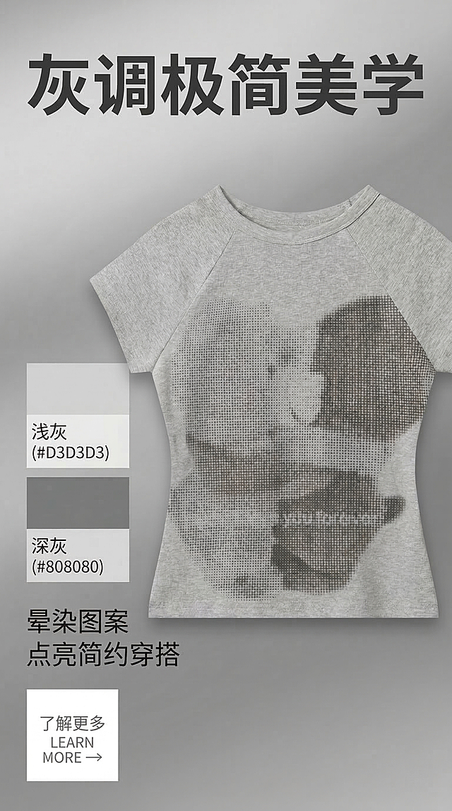 9:16竖版构图，浅灰色华夫格短袖T恤1:1还原展示在画面中央，严格还原上传产品图的颜色、图案、文字所有细节，不变形不改色不换结构，背景为渐变灰调的艺术纹理，画面左侧用色块标注主色调浅灰(#D3D3D3)与深灰(#808080)，主标题"灰调极简美学"用加粗无衬线字体置于画面上方，风格诠释文字"晕染图案 点亮简约穿搭"在色块旁，CTA 按钮"了解更多 LEARN MORE →"放在画面左下角，按钮为白色底灰色字的简约方形，避免平淡、避免平光、避免模糊、避免廉价、变形、低饱和、杂乱、字体不统一、风格割裂
