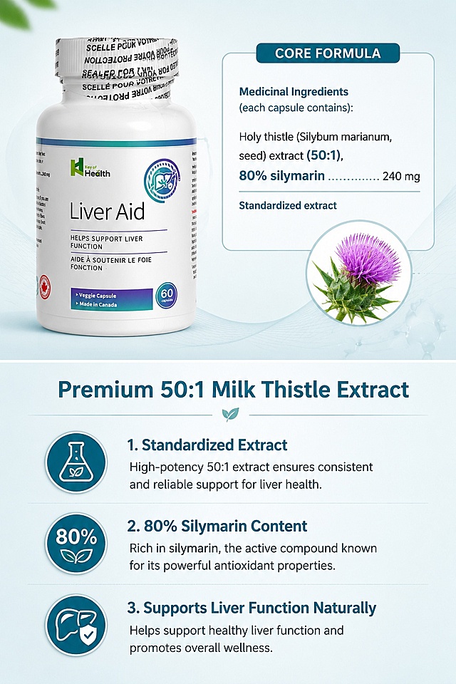 [第2屏] Core formula page - introduce high concentration 50:1 milk thistle extract of Key of Health Liver Aid.  
[氛围/风格] Professional health care style, soft and clean background, clear information level, highlight the ingredient advantage.  
[元素布局] Layout is upper picture lower text: upper left place [image1] product bottle, upper right place enlarged detail of the ingredient description from [image3], the ratio of product and detail is 6:4, product structure and packaging color remain consistent with original image. Lower part for three bullet points to explain the advantages of high concentration extract.  
[光影质感] Soft uniform lighting, both product and detail part clear, no harsh shadow.  
[配色色系] Global background color #e8f0f2, main color blue-green, auxiliary color light gray, text uses dark gray for readability.  
[视角构图] Upper-lower split layout, upper visual display, lower text explanation, clear reading path.  
[文字版式] Top title "Premium 50:1 Milk Thistle Extract", lower three icons with text: 1. "Standardized Extract", 2. "80% Silymarin Content", 3. "Supports Liver Function Naturally", text are arranged clearly, each point concise, font size moderate, clear readable.  
[比例分辨率] 9:16 vertical proportion, 4K resolution, clear text, high definition quality.  
[负向提示词] product deformation, wrong ingredient text, color distortion, blurry image, text confusion, watermark, Chinese characters, absolute promotion words.