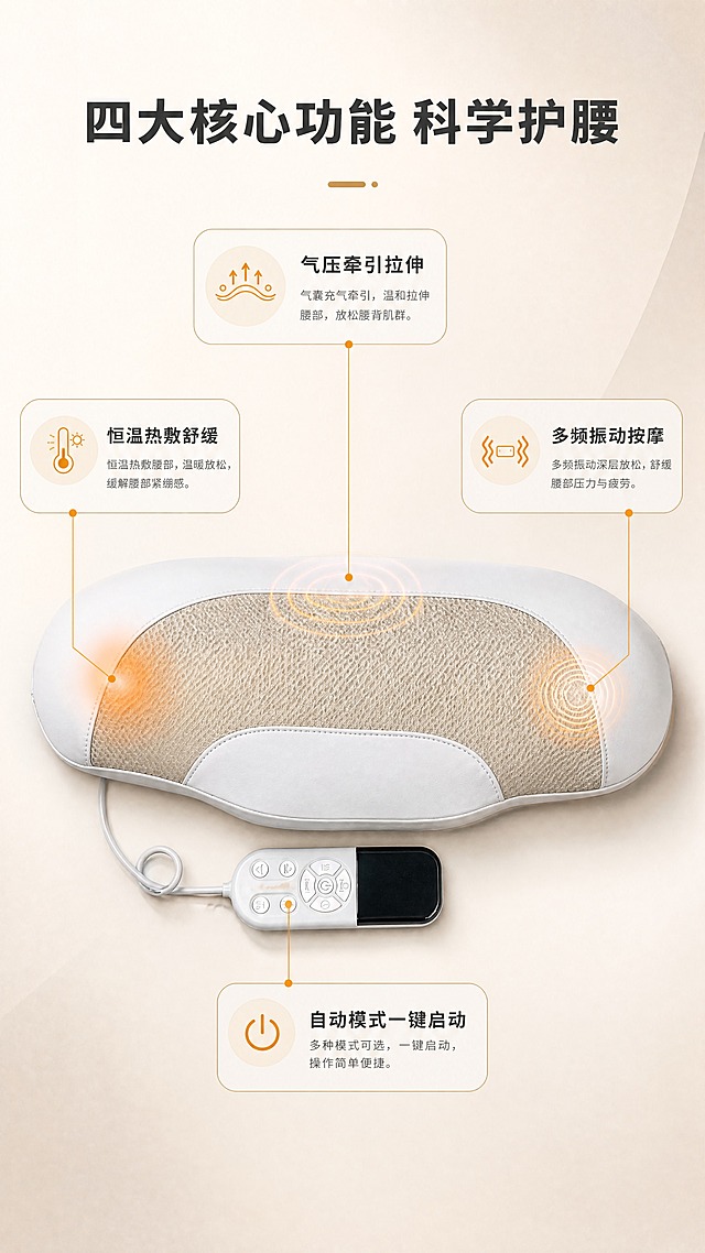 [商品] 使用【图1】智能腰椎拉伸按摩仪，保留产品弧形轮廓、网布面、皮质包边、遥控器全部结构与颜色；产品水平居中摆放，展示顶面全貌。
[画面] 功能结构解析页，四宫格细节布局，产品全貌在画面中央，四周用细线引线标注4大核心功能部位：上方标注气压牵引拉伸区，左侧标注恒温热敷区（带暖橙色光晕），右侧标注振动按摩区，下方标注多模式遥控器；每处配简约图标。
[视觉] 套系策略：风格=现代简约科技感商业摄影；标题字=思源黑体粗体；正文字=思源黑体常规；主色=米白+浅金；背景延展=基于米白做深浅渐变、同色系柔和过渡与细腻哑光质感；强调色=暖橙色，仅用于小面积图标、引线和热敷光效；标题色=深炭灰；正文色=中暖灰；组件=圆角浅底信息卡、细线引线、简约图标；光影=正上方柔光，产品均匀受光。
[文字] 顶部主标题「四大核心功能 科学护腰」，每个引线标注含功能名称+1句短说明：气压牵引拉伸、恒温热敷舒缓、多频振动按摩、自动模式一键启动；文字横向排版，清晰可读。
[规格] 淘宝/天猫详情页单屏9:16竖版，分辨率4K，负向提示：避免变形、错字、文字过小、医疗功效承诺、极限词、冷蓝灰色调、结构失真。