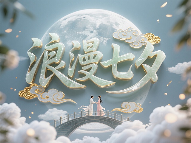 立体汉字"浪漫七夕"以行云流水的连笔书法呈现浮雕造型，仿和田玉材质透出温润光泽，笔划边缘包裹24K金箔祥云纹路，居中正视图，对称仰视构图，背景是圆圆的月亮映衬着牛序和织女鹊桥相会的场影，前景设置一朵朵白云飘向天空，添加粒子光效与动态模糊技术，运用C4D雕刻多层立体字结构，Octane渲染器实现金属反光与透明玻璃质感，8K狂欢场景，C4D建模，OC渲染，16K高分辨率。