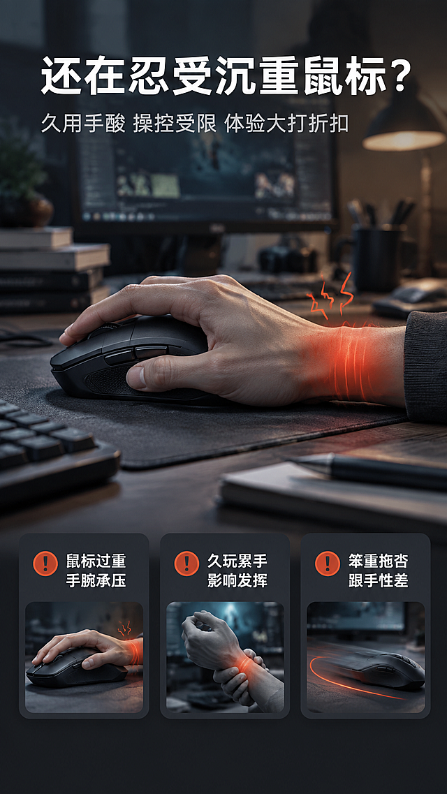 [商品] 本页为痛点场景页，无需产品图。
[画面] 目标：直击传统鼠标沉重累手的痛点，激发用户共鸣。构图：上下分栏，上半部分为真实办公/游戏场景特写——一只手长时间握持厚重鼠标，手腕酸痛的暗示（手腕处有柔和的酸痛示意线条）；下半部分为3个痛点卡片横向排列。前中后景：前景桌面细节、中景手部与鼠标、后景虚化的电脑屏幕与办公环境。场景：深夜加班/长时间游戏的真实桌面场景，氛围略带疲惫感。
[视觉] 套系策略：风格=真实场景痛点渲染；标题字=现代无衬线粗黑体；正文字=简洁无衬线体；主色=深灰+暖灰；背景延展=基于深暖灰做暗调场景、桌面纹理与环境光；强调色=暖橙红，仅用于痛点标签和警示图标；标题色=白色；正文色=浅灰；组件=圆角深色痛点卡片、细线图标；光影=顶侧冷光+屏幕反光，营造长时间使用的疲惫氛围。
[文字] 顶部大标题「还在忍受沉重鼠标？」，副标题「久用手酸 操控受限 体验大打折扣」。下方3个痛点卡片：①「鼠标过重 手腕承压」②「久玩累手 影响发挥」③「笨重拖沓 跟手性差」。文字全部横向排版，手机端清晰可读。
[规格] 图片比例9:16竖版，4K分辨率，负向提示：避免出现具体品牌鼠标、文字竖排、文字过小、画面过暗看不清、低俗夸张表情、绝对化用语。