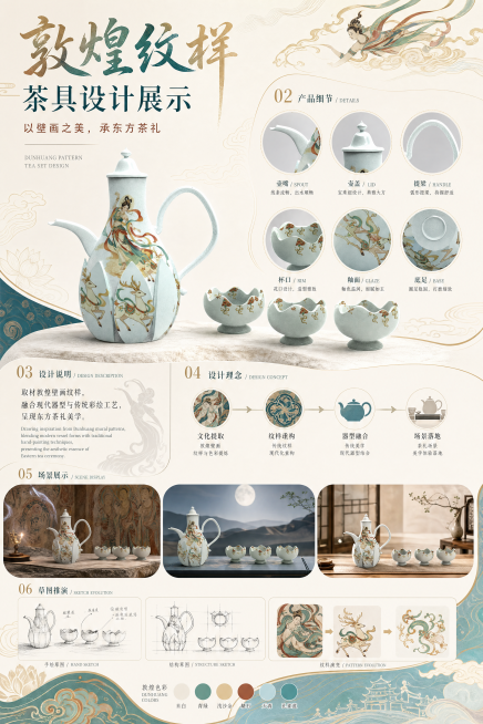 设计一张敦煌纹样茶具展示展板，形式新颖精致唯美，包含产品细节图、设计说明、设计理念、场景展示、草图推演多个内容板块，整体风格清新雅致，敦煌国风配色，版式创意吸睛让人眼前一亮预览效果