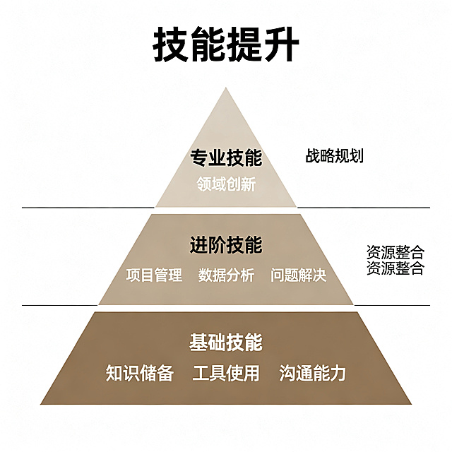 技能提升金字塔可视化信息图，层级清晰的金字塔结构，从基础到顶层技能分布，现代简约设计风格，清晰的分层标注，专业商务视觉效果