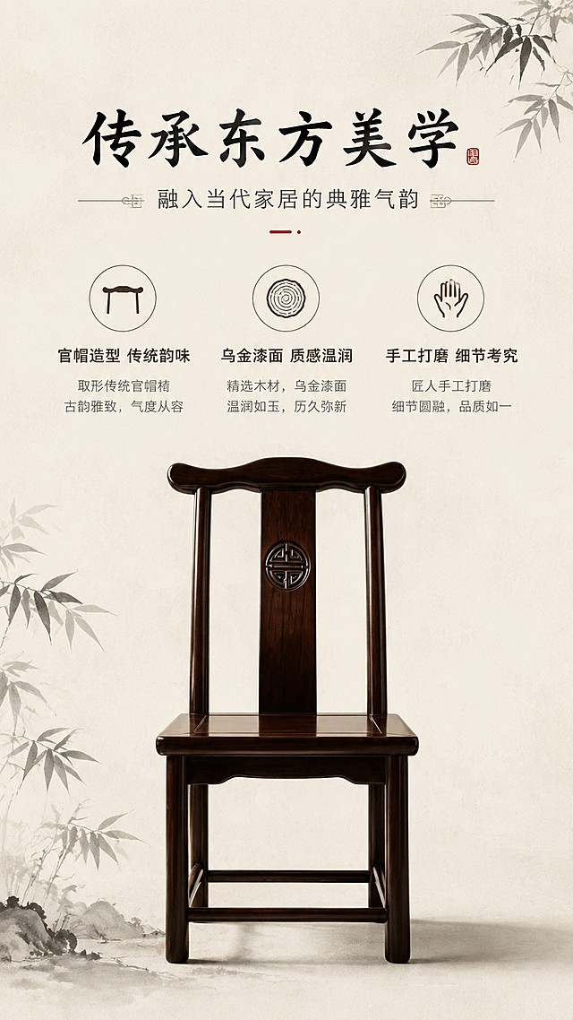 [第2屏] 新中式设计美学阐述页。本屏使用【图4】作为产品主体展示。
[氛围/风格] 简约中式人文风，干净素雅，突出东方美学意境。
[元素布局] 上方文字区域，下方产品正面展示；搭配浅米宣纸底纹背景，角落点缀水墨竹叶装饰；保留官帽椅原有乌金漆面和回纹雕刻，产品结构颜色与原图一致。
[光影质感] 均匀柔和漫射光，突出木材温润质感，阴影过渡自然。
[配色色系] 全局底色 #F8F5F0；主色深棕木纹；辅助色浅灰文字、墨黑标题。
[视角构图] 产品居中展示，上下构图，阅读流畅从上至下。
[文字版式] 上方主标题「传承东方美学」，副标题「融入当代家居的典雅气韵」，下方分三点阐述：「官帽造型 传统韵味」「乌金漆面 质感温润」「手工打磨 细节考究」，每个卖点配小圆图标，排版整齐，文字大小适合手机阅读。
[比例分辨率] 9:16 竖版比例，4K分辨率，文字清晰可辨，高清画质。
[负向提示词] 产品变形，颜色偏差，文字过小，文字错乱，水印，背景杂乱