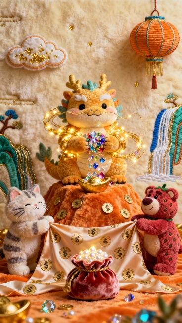 画面中央，圆滚滚的短绒金龙周身缠绕发光金线彩带，正从怀中不断捧出七彩水晶碎宝石，倾倒在灯芯绒元宝山上。山体两侧，毛茸茸的招财猫与草莓熊布偶正协力拉开一匹印满数字货币符号的丝绸，前面放着一个塞满发光珍珠预览效果
