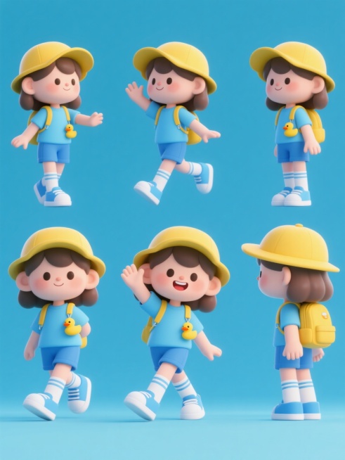 一系列6个造型和角度完全不同的3D卡通女孩形象，保持原有的Q版可爱风格、黄色帽子、蓝色上衣、蓝色短裤、黄色背包、黄色小鸭子挂饰、蓝色鞋子和白色袜子等核心元素，整体色彩统一为清新明快的蓝黄配色，采用纯色背景，每个女孩姿态各异（如挥手、跳跃、行走、站立、转身、微笑等），所有形象规整排布在同一画面中，保持一致的3D渲染质感、圆润的造型边缘、明亮的光影效果和活泼欢快的氛围。预览效果