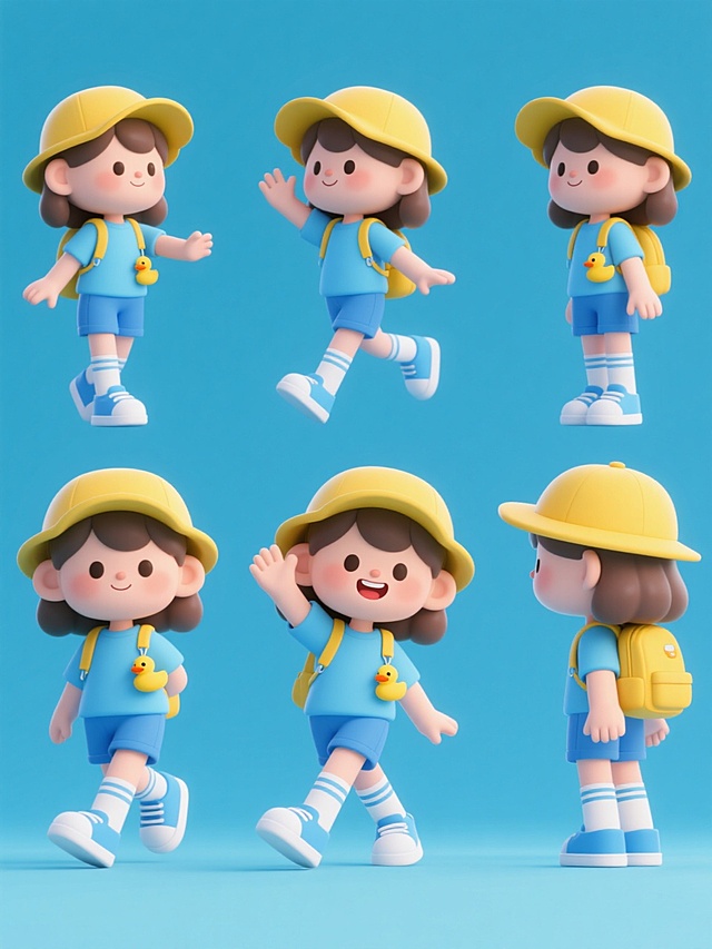 一系列6个造型和角度完全不同的3D卡通女孩形象，保持原有的Q版可爱风格、黄色帽子、蓝色上衣、蓝色短裤、黄色背包、黄色小鸭子挂饰、蓝色鞋子和白色袜子等核心元素，整体色彩统一为清新明快的蓝黄配色，采用纯色背景，每个女孩姿态各异（如挥手、跳跃、行走、站立、转身、微笑等），所有形象规整排布在同一画面中，保持一致的3D渲染质感、圆润的造型边缘、明亮的光影效果和活泼欢快的氛围。