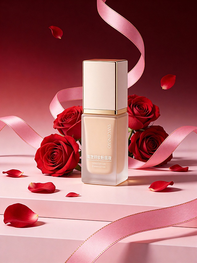 奢华优雅风商业静物3D渲染风格，画面以暖调酒红渐变为主色调，搭配柔粉与金属金作为视觉点缀，整体色调浓郁且富有高级感。采用平视正前方的视角，主体置于画面中央的浅粉色哑光台面上，呈完全直立角度，占据视觉核心区域，大小适中。背景装饰有红玫瑰、流动的粉色丝带状元素与散落的玫瑰花瓣，丝带呈悬浮流动状，红玫瑰分布在主体两侧。采用柔和的侧逆光结合局部轮廓光，营造出细腻的明暗层次与柔和阴影，主体与优雅浪漫的场景融为一体，充满情人节的甜蜜氛围感与视觉张力。