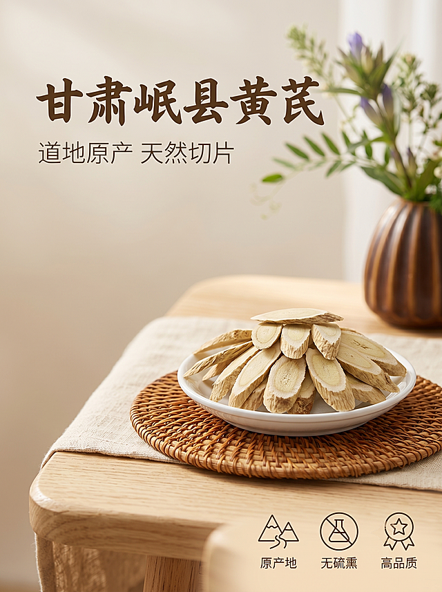 [单张主图] 甘肃岷县黄芪，高级氛围感主图，打造品质中药材电商主图。
[画面主体] 输入图片中的黄芪斜切片保持原有外观、纹理、颜色和结构不变，摆放成花朵造型在白瓷圆盘里，放置在编织餐垫上，黄芪切片完整清晰，纹理自然，商品主体占画面约50%，保持产品外观与输入产品图绝对一致，杜绝任何变形和色差，精细化处理。
[构图版式] 选用左文右物场景型版式，左侧大面积留白放置文案，产品放大放在右侧，底部以原生木纹台面承托，搭配草本绿植点缀装饰。
[场景元素] 背景为浅米色自然柔光场景，浅景深虚化处理，左侧搭配少许甘肃岷县产地原生草本植物作为氛围点缀，不遮挡主体，右下角放置三个线稿轻图标卖点。
[文案版式] 左上留白区域左对齐排版，大字主标题："甘肃岷县黄芪"，使用浅棕褐色大号书法字体；下方副文案："道地原产 天然切片"，小号浅色无衬线字体；底部三个线稿图标卖点依次为：原产地、无硫熏、高品质，图标下方对应小字说明，字体纤细清晰，文字均不遮挡产品主体。
[光影质感] 自然柔和侧窗光作为主光，暖调逆光勾勒黄芪切片轮廓，突出药材天然纹理质感，浅景深虚化背景，产品清晰锐利，整体通透干净，商业摄影高级质感。
[配色字体] 主色调为浅米色、原木棕，辅助色取自黄芪本身的浅黄肌理，字体主标题选用书法字体，厚重自然，辅助文案用清爽细黑体，层级分明。
[比例分辨率] 3:4比例，2k分辨率，文字清晰可辨，超高清。
[负向提示词] 变形，水印，错字，糊字，伪Logo，主体遮挡，背景杂乱，低清晰度，错误结构，文字错乱。