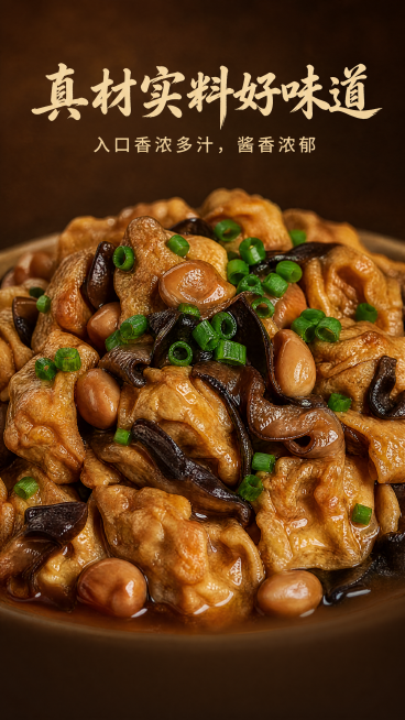 [第3屏] 食材特写屏，展示香菇油面筋的真材实料。
[氛围/风格] 食欲特写风，深棕柔化背景，微距聚焦食材，酱汁油亮诱人，突出浓郁醇厚的质感。
[元素布局] 香菇、油面筋、黑木耳混和食材铺满画面中上部预览效果