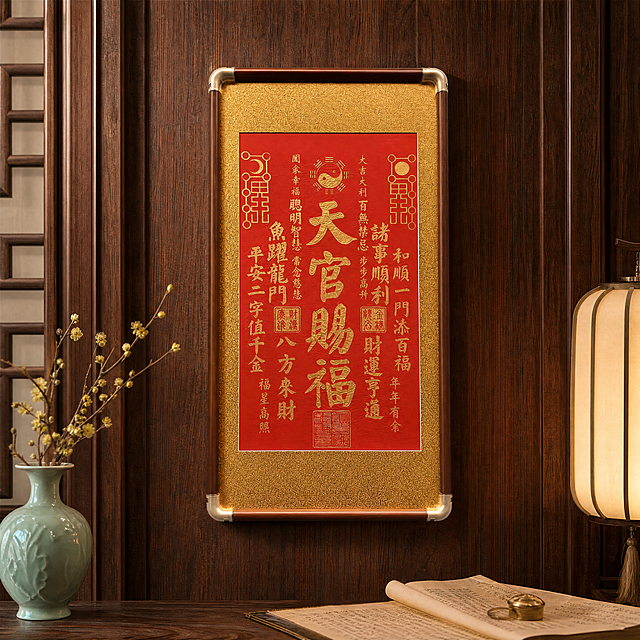 将背景替换为新中式书房场景，天官赐福牌匾严格参照上传产品图，完整保留所有可见组件、轮廓、结构、比例、材质、颜色与牌匾上的所有文字信息，与上传图完全一致；自然融入场景光影，与场景共处同一物理空间。
主体：天官赐福牌匾（带棕色边框与金色衬底），产品占画面约65%，近景构图，产品100%完整不裁切，牌匾上的金色文字与图案细节清晰可见，背景无其他同类牌匾。
构图：正面平视，中心对称构图，牌匾悬挂于墙面正中央。
风格：新中式国风。
场景：中式书房墙面，古朴雅致氛围。
空间：①牌匾后方，深胡桃木色实木护墙板墙面，带有细腻木纹；②牌匾下方局部可见，深棕色实木书桌一角；③画面左下角，一只青瓷花瓶插着几枝腊梅；④画面右下角，一本摊开的线装古书与一枚黄铜镇纸。
配色 / 材质：朱砂红 / 胡桃棕 / 鎏金 / 青瓷青 / 米白；实木 / 鎏金 / 陶瓷 / 宣纸 / 黄铜。
光影：主光从左侧斜前45°柔和照入，照亮牌匾正面，金色文字呈现细腻金属光泽；辅光为右侧暖色台灯漫反射，整体暖调温润，阴影柔和自然。
参数：4K超高清，写实摄影风格，商业级精修画质。