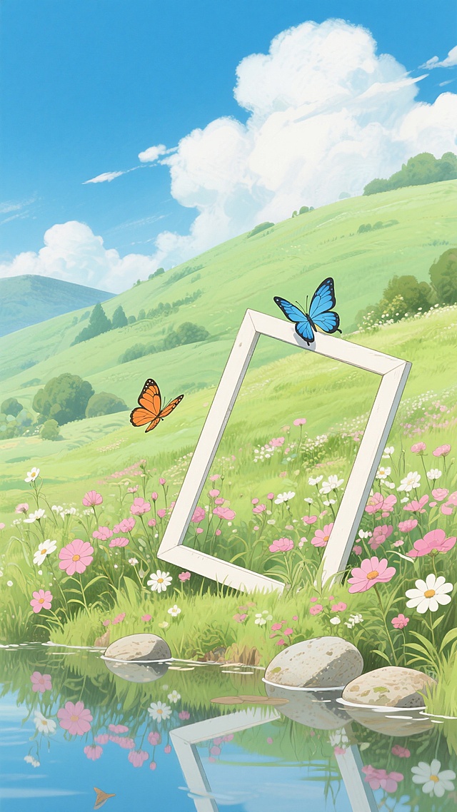 宫崎骏风格插画，蓝天白云下的奇幻绿色丘陵，前景有倾斜的白色几何框架，框架上停着蓝色蝴蝶，周围点缀着粉色和白色的野花，花丛中有橙色蝴蝶飞舞，近处有平静的水面倒映着景物，水面边有几块圆石，整体画面充满童话般的温馨与宁静，色彩明快柔和，线条流畅自然，充满手绘感的细腻纹理。