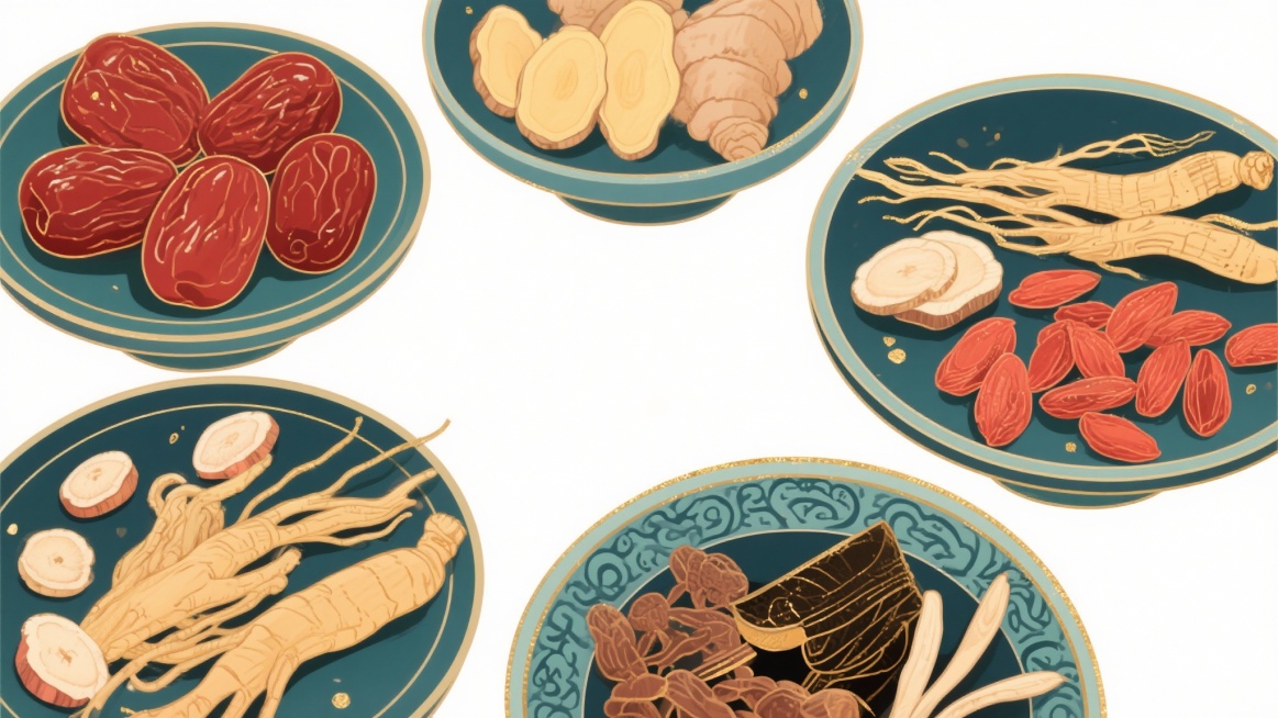 元素，插画风格，养生药膳，滋补，周围用中式碟子装着几种中药材，包括红枣、姜片、枸杞、参片等，正面视角，元素都在画面中央，显示完整，白色背景，中国风，中式插画，古画，超级好的质感，高清晰度，极致的细节，预览效果