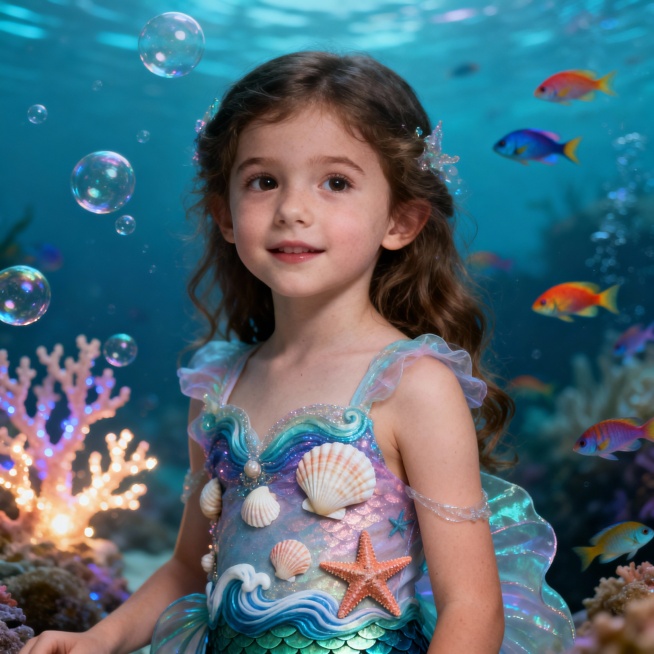 欧美可爱小女孩，梦幻元素海洋服饰，梦幻背景，露出手臂，大师级摄影预览效果