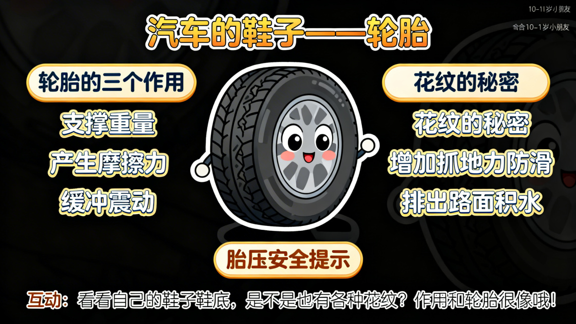 卡通风格PPT页面，主题是汽车的鞋子——轮胎，页面配有带花纹的卡通轮胎插图，讲解轮胎的三个作用：支撑重量、产生摩擦力、缓冲震动，还有花纹的秘密：增加抓地力防滑、排出路面积水，以及胎压的安全提示。底部有预览效果