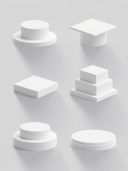 极简主义3D渲染风格的产品展示底座系列集合，纯白纯色背景，保持原图中光滑细腻的白色材质、柔和边缘高光、轻微内阴影的视觉特征，包含六个完全不同设计的圆柱及平台类元素：双层圆形阶梯底座、单层圆形厚底座、倾斜顶面方形平台、水平顶面方形平台、三层矩形堆叠底座、带内凹边缘的圆形底座，所有元素以2x3网格形式规整排布，整体构图平衡对称，光影统一，呈现出简洁、专业、具有现代设计感的展示道具集合。预览效果