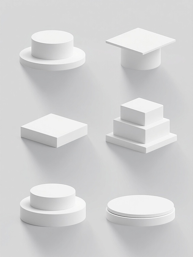 极简主义3D渲染风格的产品展示底座系列集合，纯白纯色背景，保持原图中光滑细腻的白色材质、柔和边缘高光、轻微内阴影的视觉特征，包含六个完全不同设计的圆柱及平台类元素：双层圆形阶梯底座、单层圆形厚底座、倾斜顶面方形平台、水平顶面方形平台、三层矩形堆叠底座、带内凹边缘的圆形底座，所有元素以2x3网格形式规整排布，整体构图平衡对称，光影统一，呈现出简洁、专业、具有现代设计感的展示道具集合。