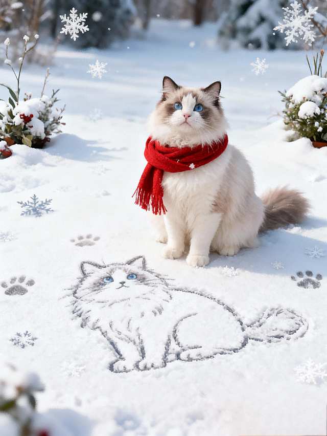 写实摄影风。画面主视觉是戴着红围巾的宠物与宠物画像合影。画像为写实风全身像，像用手指画在雪地上。宠物神态可爱，周围散落雪花、爪印、积雪植物装饰。