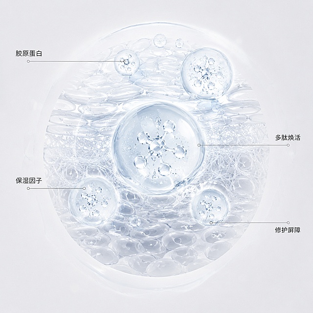 「图片1」，生成电商主图（5张），商品名称是美维雅胶原蛋白多肽焕肤精华霜，卖点是修护紧致保湿，冰淇淋般质地，适配抖音平台，主图比例为1:1