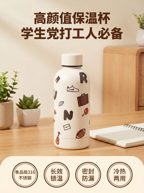 保温杯淘宝详情页首屏海报，延续可爱治愈风格，整体浅奶米色调，画面顶部大标题文案“高颜值保温杯 学生党打工人必备”，棕色粗体大字，中间展示高颜值米白色保温杯，杯身图案保持和原图一致，放置在温馨原木书桌场预览效果
