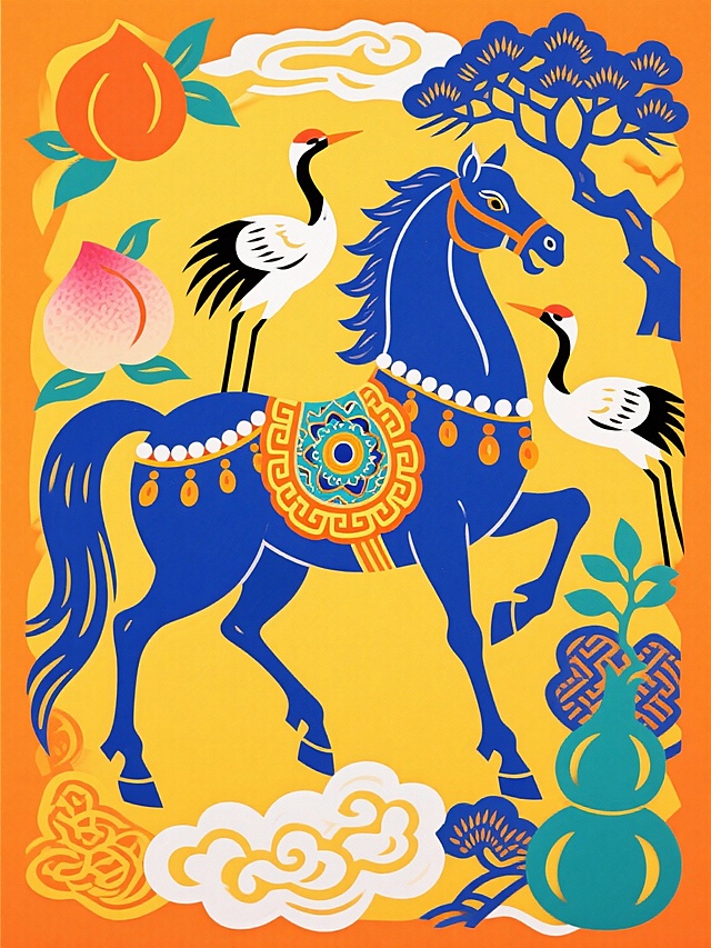 主体是孔雀蓝骏马（装饰橙黄回纹纹样、珍珠配饰，点缀景泰蓝质感），周围环绕寿桃、仙鹤、青松、宝葫芦等吉祥元素，背景为橙黄色光晕，配色浓烈鲜艳（蓝、橙、黄、白、青等），风格喜庆华贵、充满传统吉祥寓意。