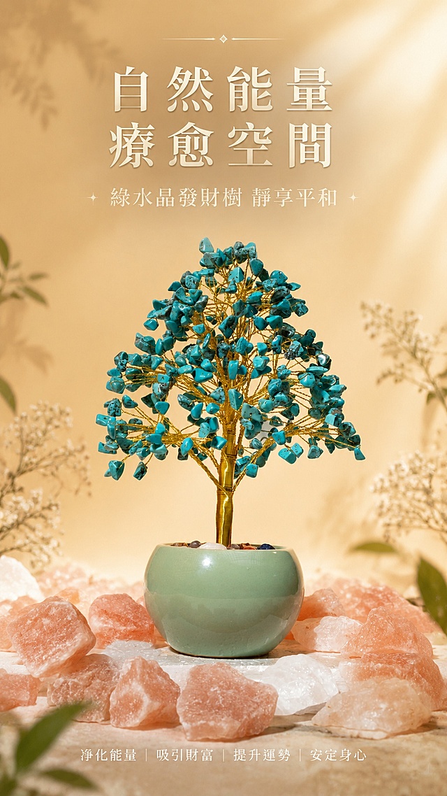 [第1屏] 详情页头图-綠水晶發財樹產品主視覺宣傳。本屏使用【圖1】作為商品主體。
[氛圍/風格] 溫柔治愈風，自然淺暖光影，商業高級攝影質感，突出能量療愈的溫潤氣質。
[元素布局] 綠水晶發財樹置於畫面中心位置，佔比約70%；背景搭配淺暖色漸層背景，周圍搭配天然水晶碎石點綴，保留產品原有結構、顏色、材質不變；整體層次清晰，商品主體突出。
[光影質感] 頂部柔光灑落，商品底部自然投影，凸顯綠水晶透亮質感與金屬枝幹細膩光澤，明暗層次柔和。
[配色色系] 全局底色 #F5F0E6；主色：綠水晶藍綠色+陶瓷盆豆綠色；輔助色：金色枝幹+粉水晶淺粉色。
[視角構圖] 正面微仰視，產品作為絕對視覺中心，閱讀動線：上標題 → 中心產品 → 底部標語。
[文字版式] 上方標題區 + 中心產品 + 底部標語，文字不遮挡主體。主標題「自然能量 療愈空間」，副標題「綠水晶發財樹 靜享平和」，使用溫柔米白色繁體字排版，層次清晰，字體清晰不擁擠。
[比例分辨率] 9:16 豎版比例，2K分辨率，文字清晰可辨，高清畫質。
[負向提示詞] 變形，水印，文字錯亂，文字過小，缺件錯件，結構錯誤，顏色偏差，產品圖模糊，背景雜亂。