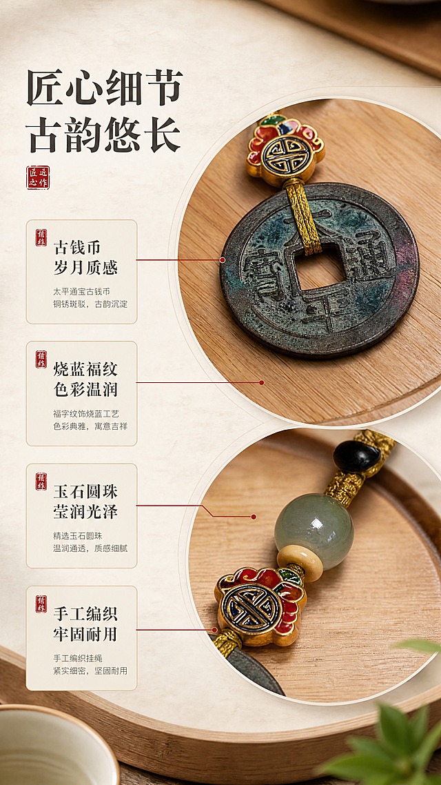 [商品] 使用【图1】太平通宝古钱币挂饰；保留古钱币铜锈斑驳质感与"太平通宝"文字、烧蓝福纹配饰的珐琅色彩、玉石圆珠的温润光泽、编织绳的纹理细节；各部件结构、颜色、比例完整保留。
[画面] 页面目标：细节工艺展示，放大呈现每件配饰的精致做工与质感。构图：竖版9:16，左文右图布局，右侧上下排列两个微距特写圆框：上方圆框-古钱币文字与铜锈肌理微距，下方圆框-烧蓝福纹配饰与玉石珠衔接处微距。左侧留白放卖点文字。产品细节占画面约60%。景别：微距特写。
[视觉] 套系策略：风格=东方雅致国风商业摄影，温润禅意；标题字=宋体衬线粗体，中式典雅；正文字=简洁无衬线体；主色=暖木棕+朱砂红；背景延展=素米白宣纸质感桌面，深浅木色托盘做层次；强调色=朱砂红，仅用于小面积印章、引线和重点标注；标题色=深炭灰；正文色=中暖灰；组件=圆角浅米色信息卡、细红线引线、朱砂红小印章点缀；光影=左前侧暖柔光，柔和阴影，整体低对比度温润质感。
[文字] 左上主标题"匠心细节 古韵悠长"，下方配4个工艺卖点：「古钱币 岁月质感」「烧蓝福纹 色彩温润」「玉石圆珠 莹润光泽」「手工编织 牢固耐用」，每个卖点配细线引向对应细节区域。
[规格] 图片比例9:16竖版，4K分辨率，避免变形、错字、文字过小、冷蓝灰背景、产品颜色改变、古钱币文字模糊错乱、微距失焦。